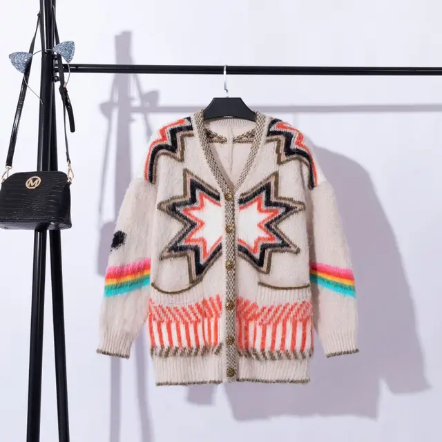 Contrast Color Lazy Style Long Sleeve Knitted Cardigan Jacket Apricot - Shop at LoveMi