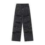 Distressed Heavy Washed Multi-pocket Jeans - Black