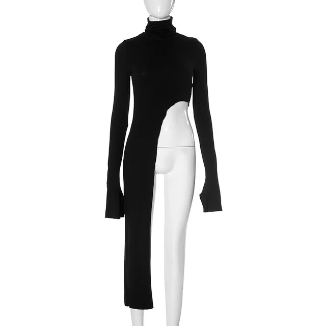 Autumn New Solid Color Asymmetric Turtleneck Long Sleeve Black - Shop at LoveMi