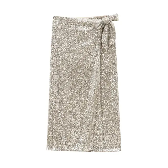 Women's Sequined Turtleneck Top Sequined Stomach Blanket Skirt Beige Skirt - Shop at LoveMi