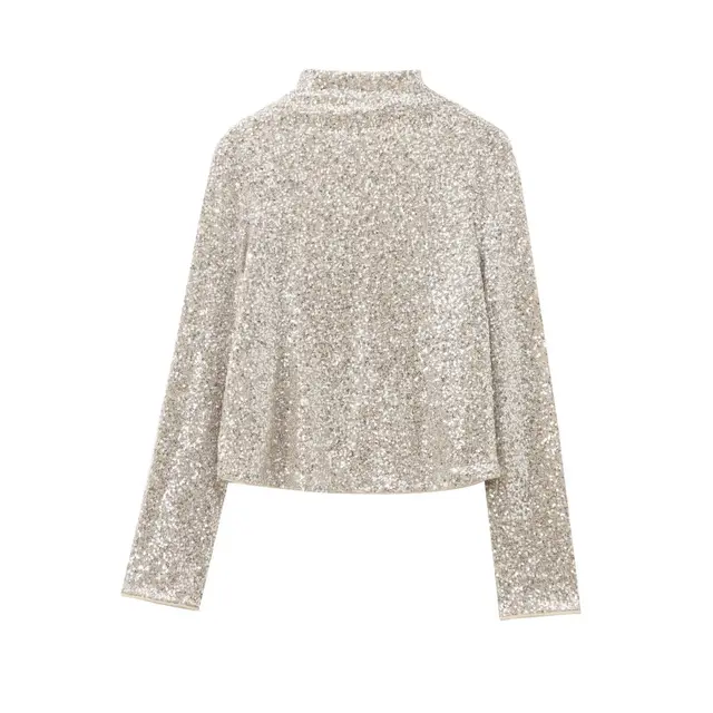 Women's Sequined Turtleneck Top Sequined Stomach Blanket Skirt Beige Top - Shop at LoveMi