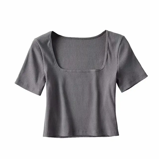 Summer Cropped Square Neck T shirt Women Dark Gray - Shop at LoveMi
