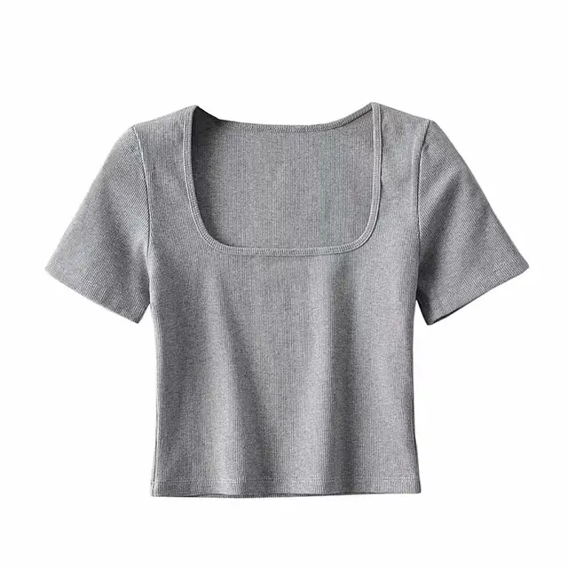 Summer Cropped Square Neck T shirt Women Light Gray - Shop at LoveMi