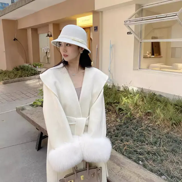 Double sided Mink Cashmere Large Lapel Long Coat Moon White - Shop at LoveMi