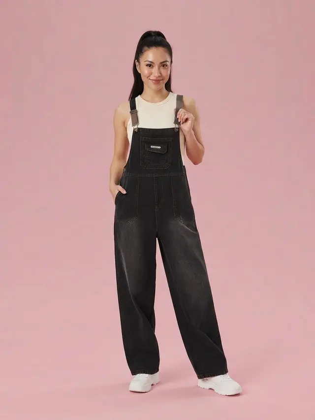 50s Style Suspender Jeans, Wide Leg Overalls, Cotton Pine Ink Black - Shop at LoveMi