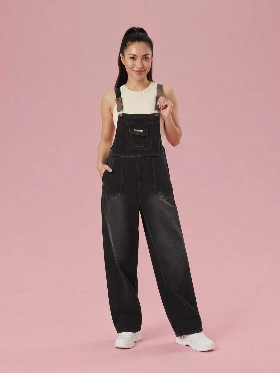 Retro Wide-Leg Denim Overalls for Women - Pine Ink Black