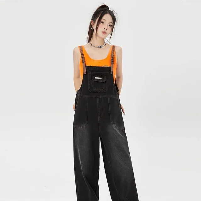 Women's American style Retro Denim Suspender Pants Pine Ink Black - Shop at LoveMi