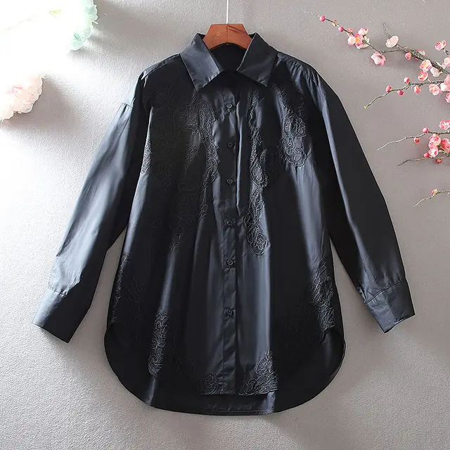 Fashion Machine Embroidery Hollow High Sense Loose Oversized Long Sleeves Black - Shop at LoveMi