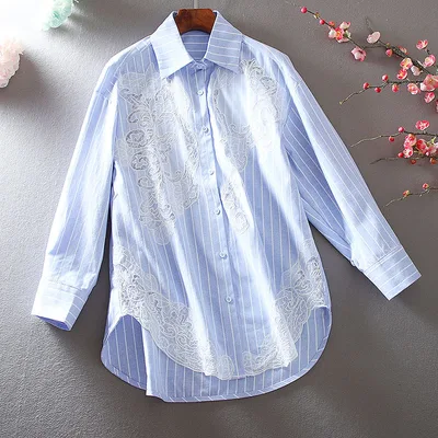 Fashion Machine Embroidery Hollow High Sense Loose Oversized Long Sleeves Light Blue - Shop at LoveMi