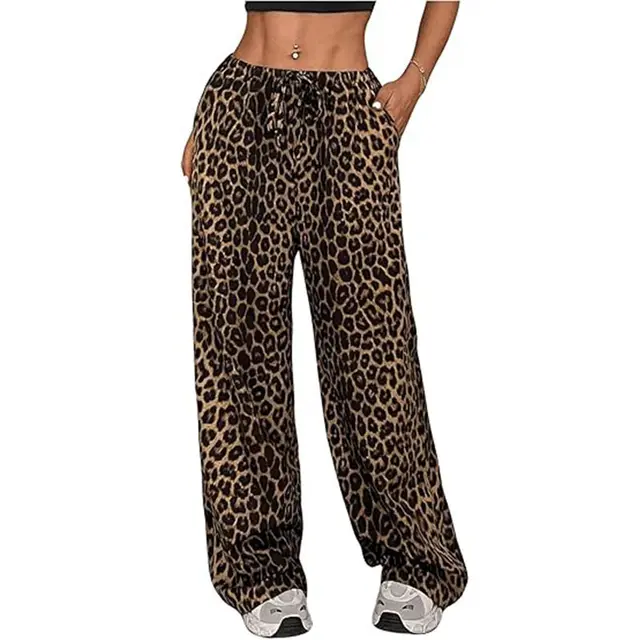 Women's Casual Leopard Print High Waisted Wide Leg Pants Elegant Drawstring Loose Long Trousers Black Coffee Color - Shop at LoveMi