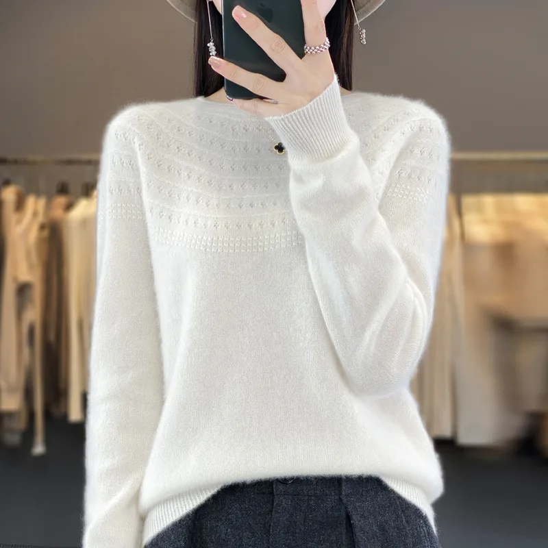 Seamless Front Line Ready made Garments Curling Collar Hollow Sweater White - Shop at LoveMi