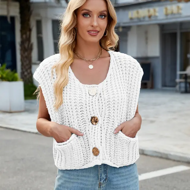 Women's V neck Three button Sleeveless Cardigan Beige - Shop at LoveMi
