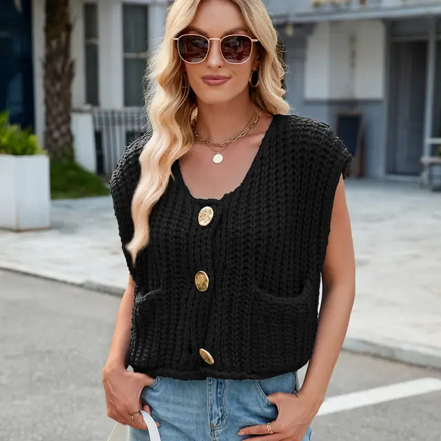 Women's V neck Three button Sleeveless Cardigan Black - Shop at LoveMi