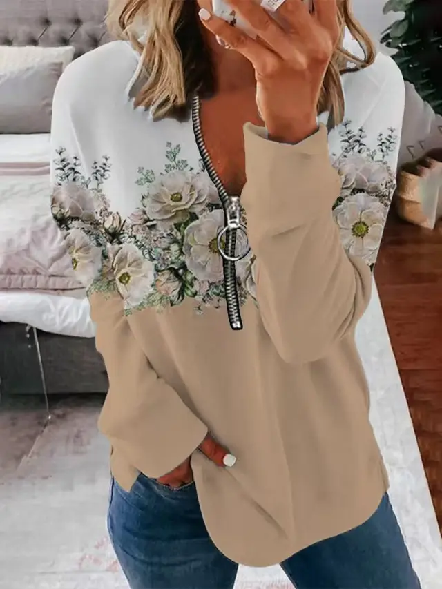 Flower Print Pullover Round Neck Zipper Sweater Khaki - Shop at LoveMi