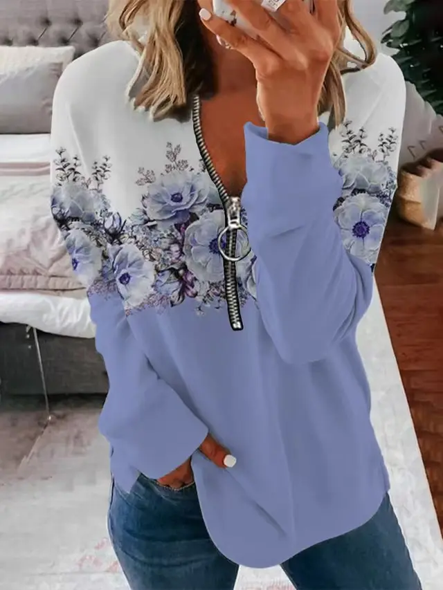 Flower Print Pullover Round Neck Zipper Sweater Light Purple - Shop at LoveMi