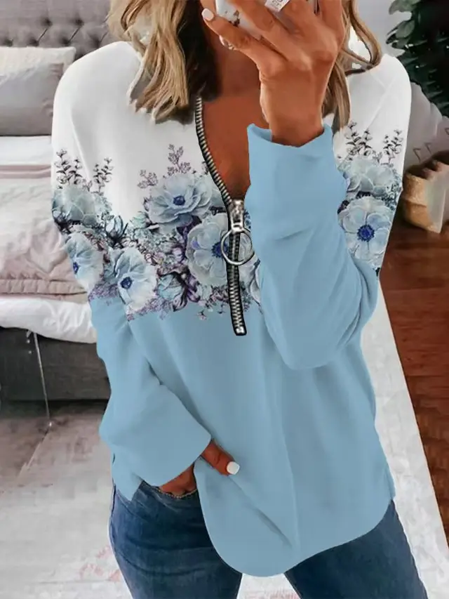 Flower Print Pullover Round Neck Zipper Sweater Sky Blue - Shop at LoveMi
