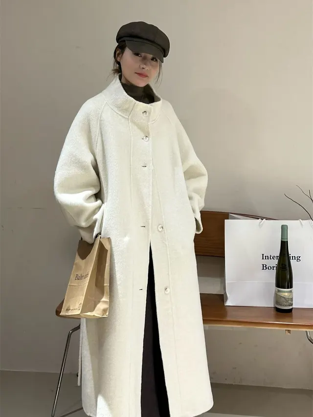 Loose Slimming Casual Woolen Coat Off White No Cotton Inclusion - Shop at LoveMi