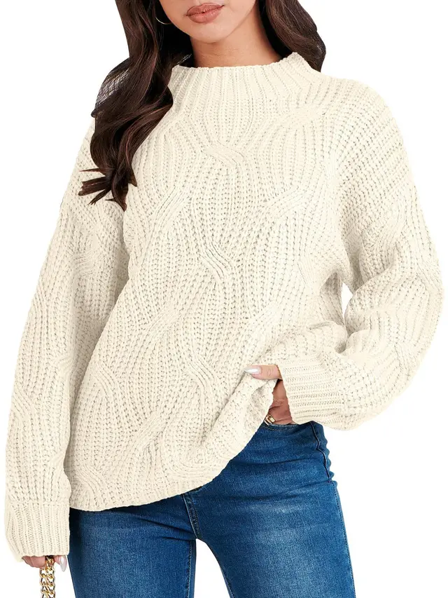 Drop Shoulder Loose Casual Twisted Knitted Pullover Sweater Beige - Shop at LoveMi