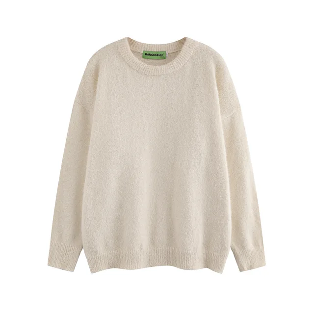 American Retro Simple Solid Color Crew Neck Pullover Sweater Men And Women Apricot - Shop at LoveMi
