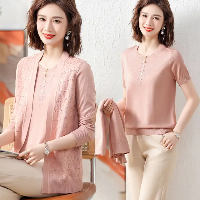 Spring Wear For Moms Fashionable Jacket Thin Knitted Cardigan Two piece Suit Pink A - Shop at LoveMi