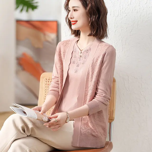 Spring Wear For Moms Fashionable Jacket Thin Knitted Cardigan Two piece Suit Pink - Shop at LoveMi