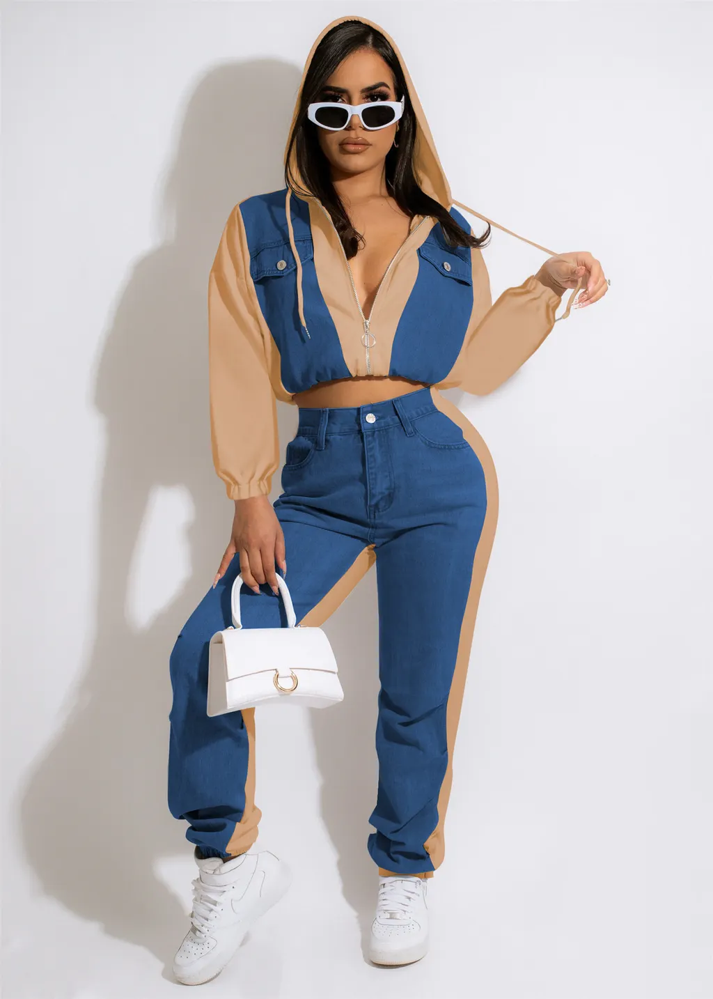 Women's Casual Denim Fashionable Jacket Trousers Suit - Nude