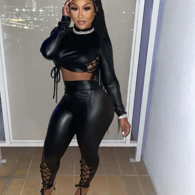 Sexy Slim fit Lace Up Short Top Leather Pants Suit Black - Shop at LoveMi