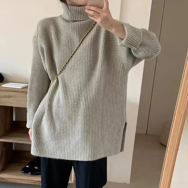 Autumn And Winter New Split Mid length Bottoming Top Oat Gray - Shop at LoveMi