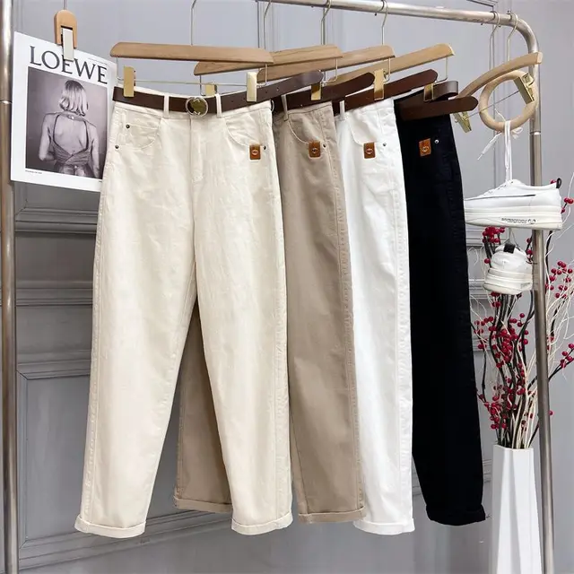 Plus Size Women's High Waist Denim Thick Trousers Apricot - Shop at LoveMi