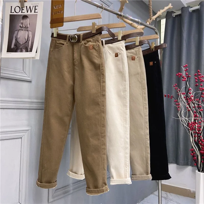 Plus Size Women's High Waist Denim Thick Trousers - Brown