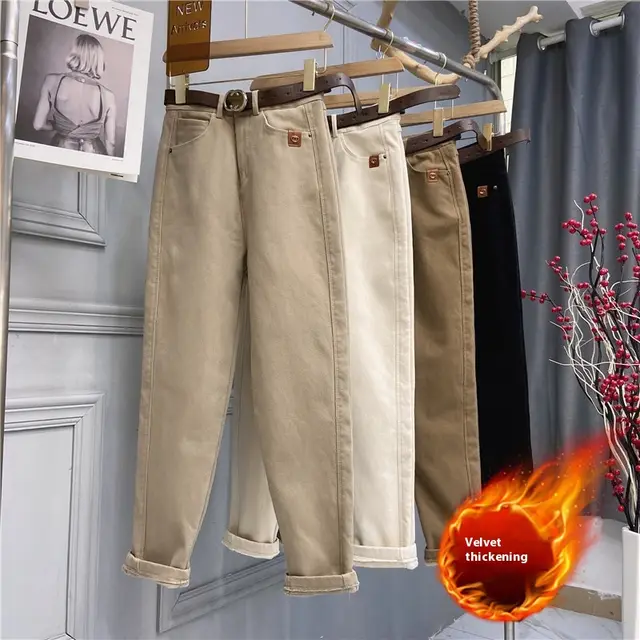Plus Size Women's High Waist Denim Thick Trousers Milk Tea Color With Velvet - Shop at LoveMi