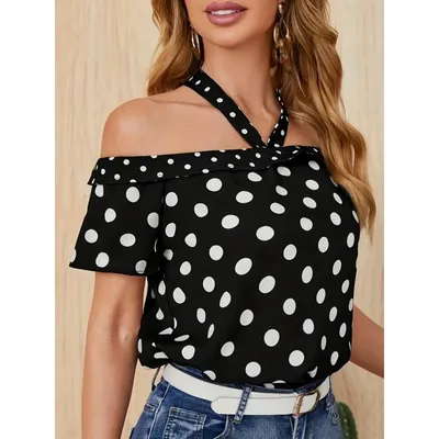 Polka Dot Off shoulder Ribbon Halter Shirt Top For Women Floral - Shop at LoveMi