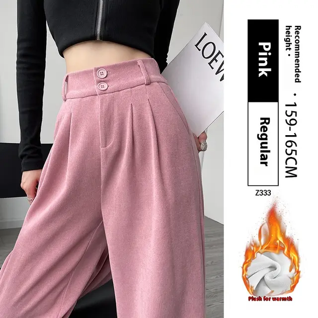White Corduroy Wide leg Pants Women's Narrow Straight Pink With Fleece Lining - Shop at LoveMi