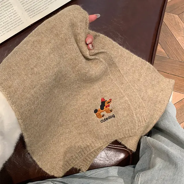 Autumn And Winter Fashionable Warm Cartoon Cute Embroidered Puppy Scarf For Women Khaki Letter Cartoon Dog - Shop at LoveMi