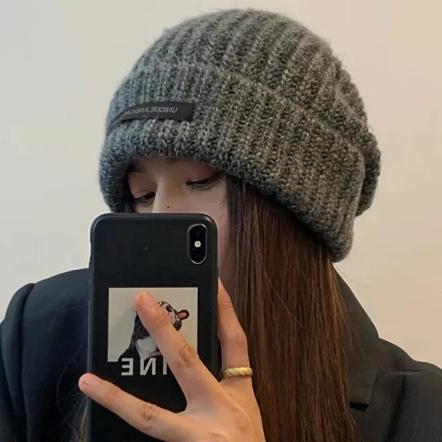 Bear Knitted Hat Cute Wool Keep Warm Makes Face Look Smaller Long Label Gray - Shop at LoveMi