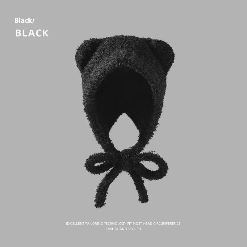 Bear Knitted Hat Cute Wool Keep Warm Makes Face Look Smaller - Ribbon Black