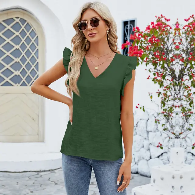 V neck Ruffled Short Sleeve Women's Top Green - Shop at LoveMi
