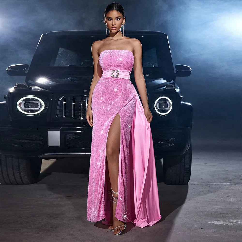 Velvet Sequined Cinched Waist Slim fit Tube Top Banquet Dress Dmz240226 Pink - Shop at LoveMi