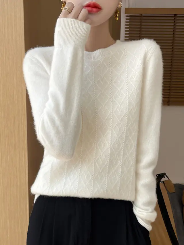 Front Line Ready made Garments Round Neck Woolen Sweater Autumn And Winter Fashion Twisted Flower White - Shop at LoveMi