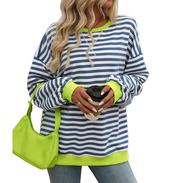 Women's Colorful Striped Round Neck Loose Sweatshirt Blue - Shop at LoveMi