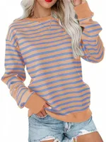 Women's Colorful Striped Round Neck Loose Sweatshirt - Light Orange Blue Stripe