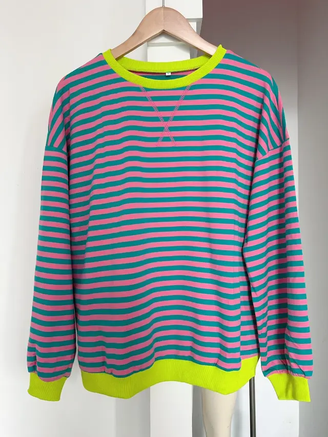Women's Colorful Striped Round Neck Loose Sweatshirt Physical Picture Display - Shop at LoveMi