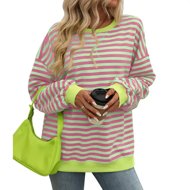 Women's Colorful Striped Round Neck Loose Sweatshirt Pink Light Green - Shop at LoveMi