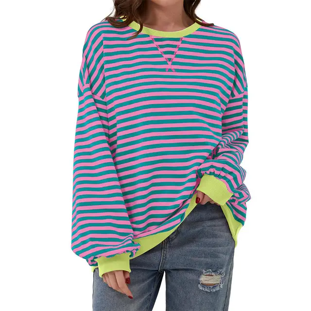 Women's Colorful Striped Round Neck Loose Sweatshirt Rose Red Dark Green - Shop at LoveMi