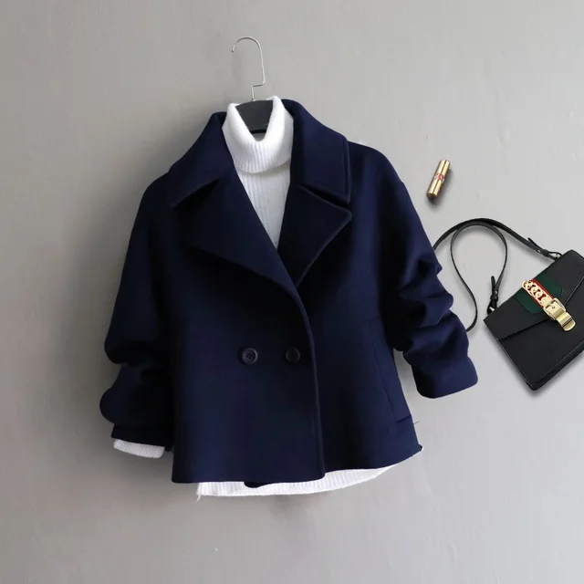 Women's Woolen Coat Korean style Preppy Style Dark Blue - Shop at LoveMi