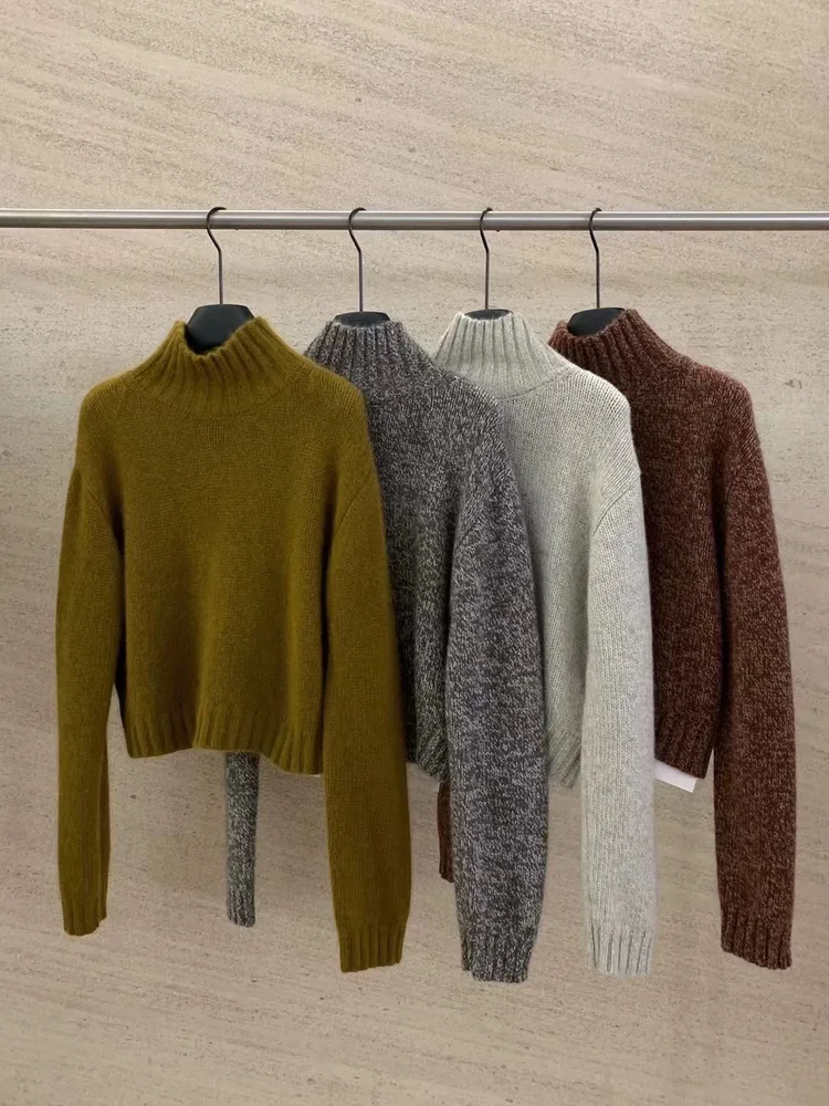 French Loose High Collar Short Section Cashmere Sweater Women Mustard Yellow - Shop at LoveMi