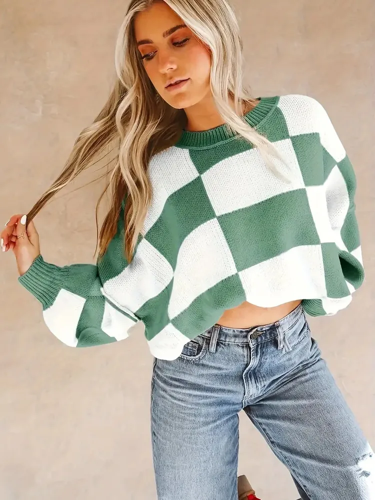Contrast Color Checkerboard Loose And Lazy Style Stitching Sweater Green - Shop at LoveMi