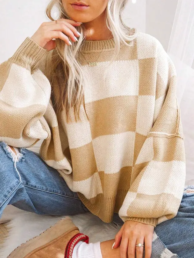 Contrast Color Checkerboard Loose And Lazy Style Stitching Sweater Khaki - Shop at LoveMi