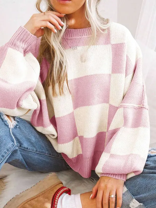 Contrast Color Checkerboard Loose And Lazy Style Stitching Sweater Light Purple - Shop at LoveMi