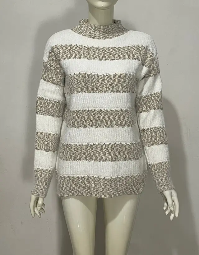 Embroidered Jacquard Pullover Loose Bottoming Shirt Mock Neck Sweater Coat Binding Clips Light Coffee - Shop at LoveMi
